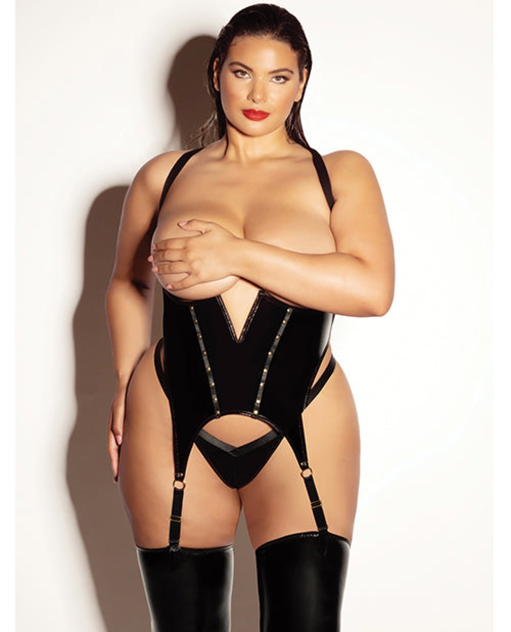 FETISH Open Cup Vinyl V-Wire Merrywidow w/G-String - Black 1X/2X Oh La La Cheri