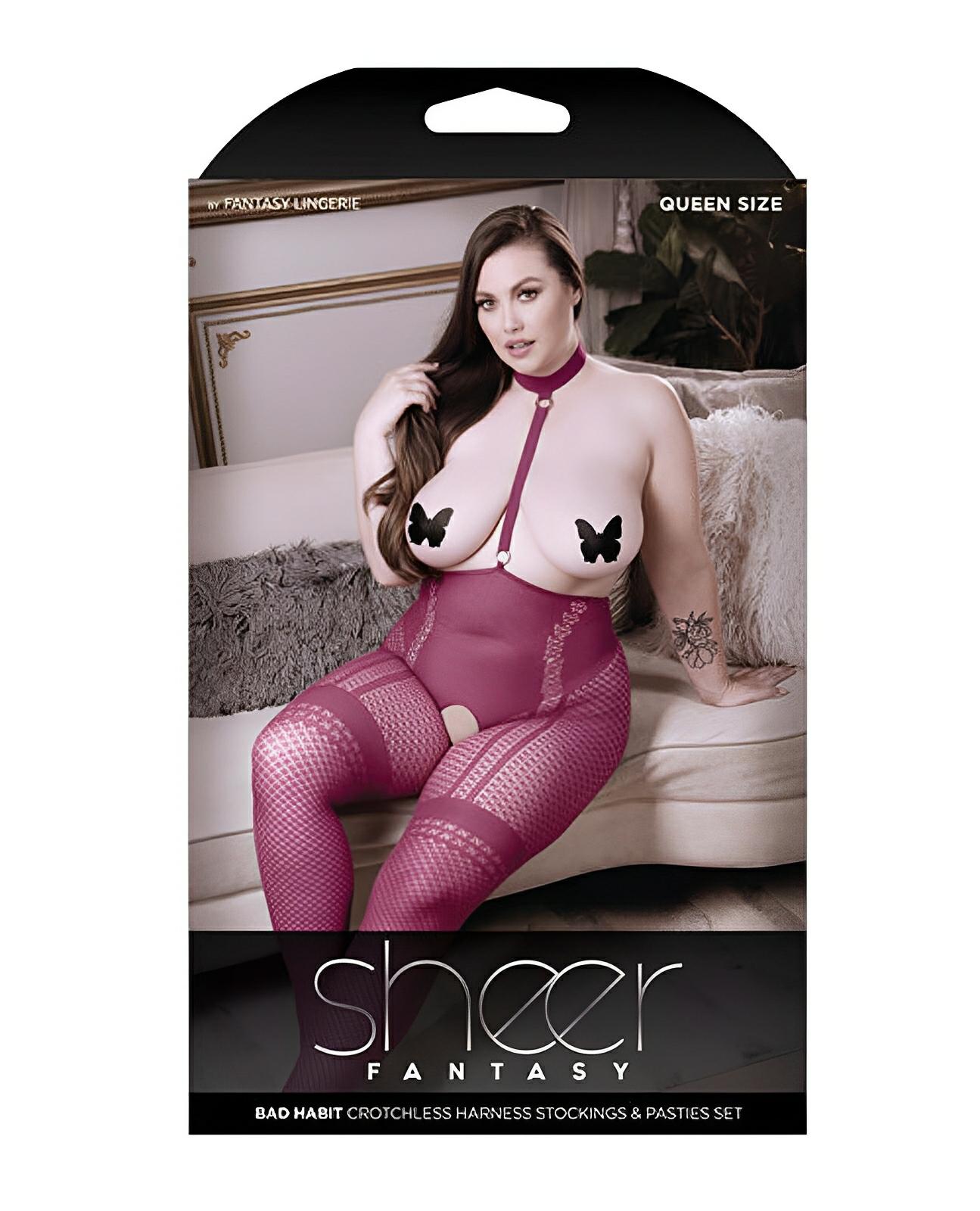 Sheer Fantasy Bad Habit Choker Harness Stocking W-butterfly Pasties Magenta Qn Fantasy Lingerie